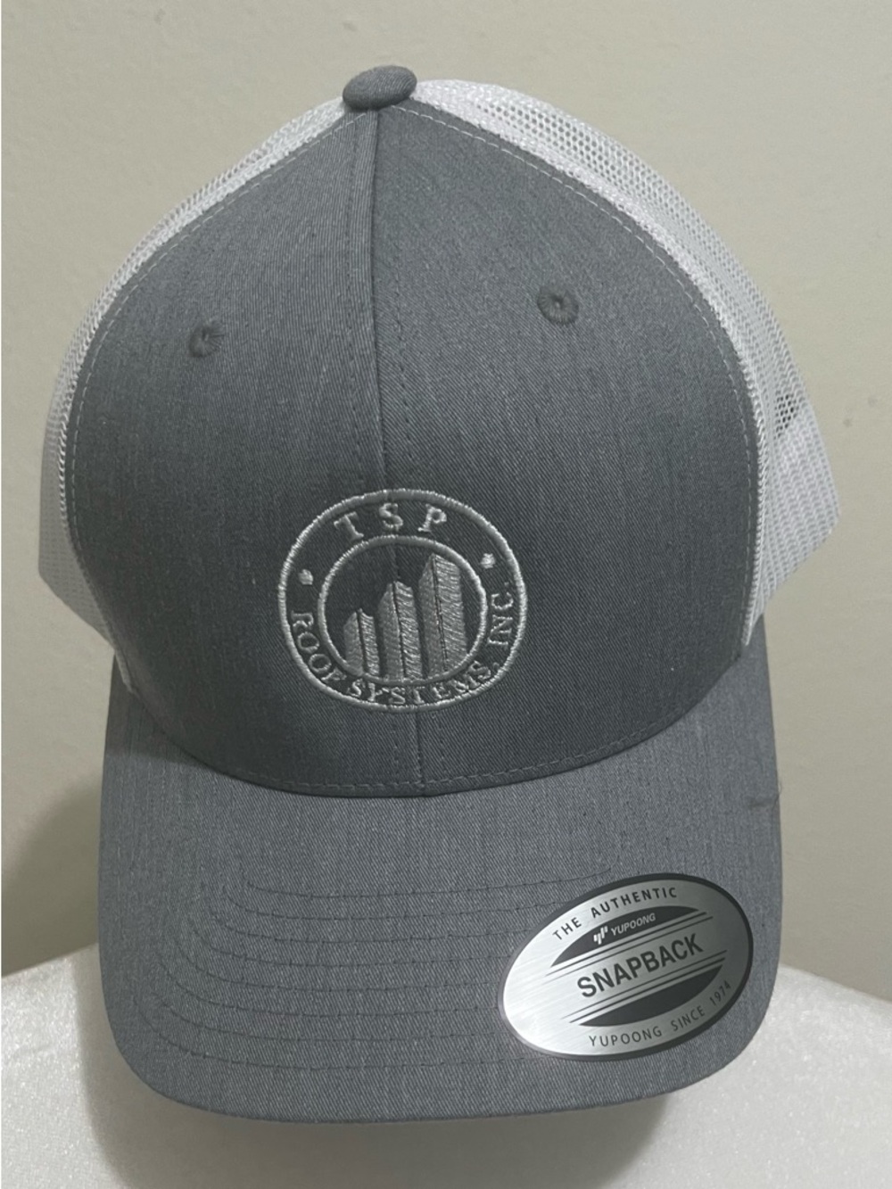 Yupoong Snapback Trucker Hat Gray White Mesh Adjustable Cap TSP Logo